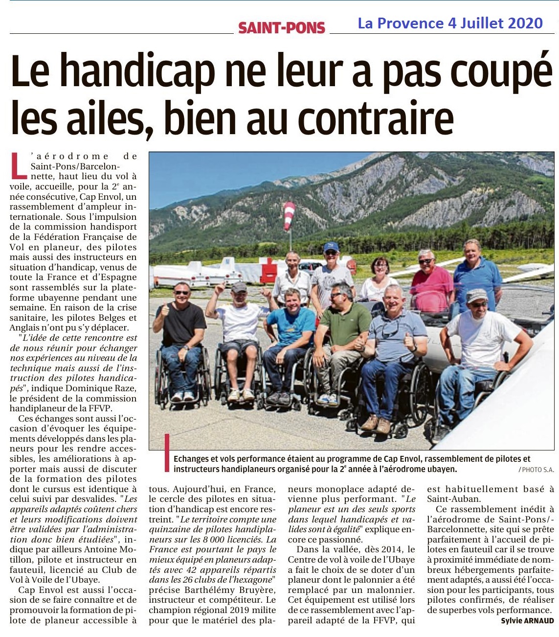 Publicación en un periódico francés con el titular: Le handicap ne leur a pas coupé les ailes, bien au contraire